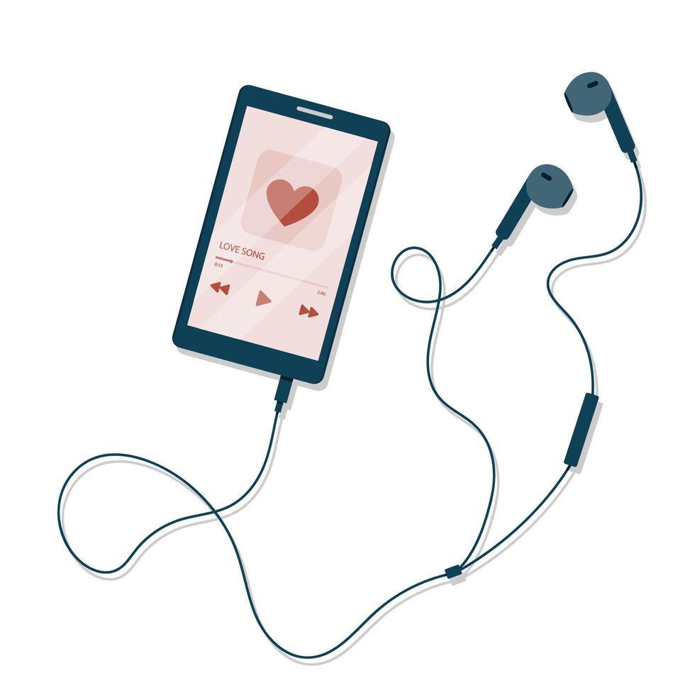 Love song. Music player on mobile phone screen with earphones. illustration. Flat cartoon style. vector