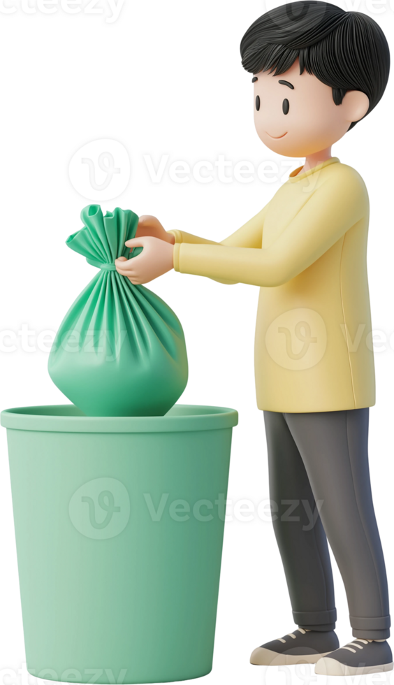 A man putting a bag in a green trash can png