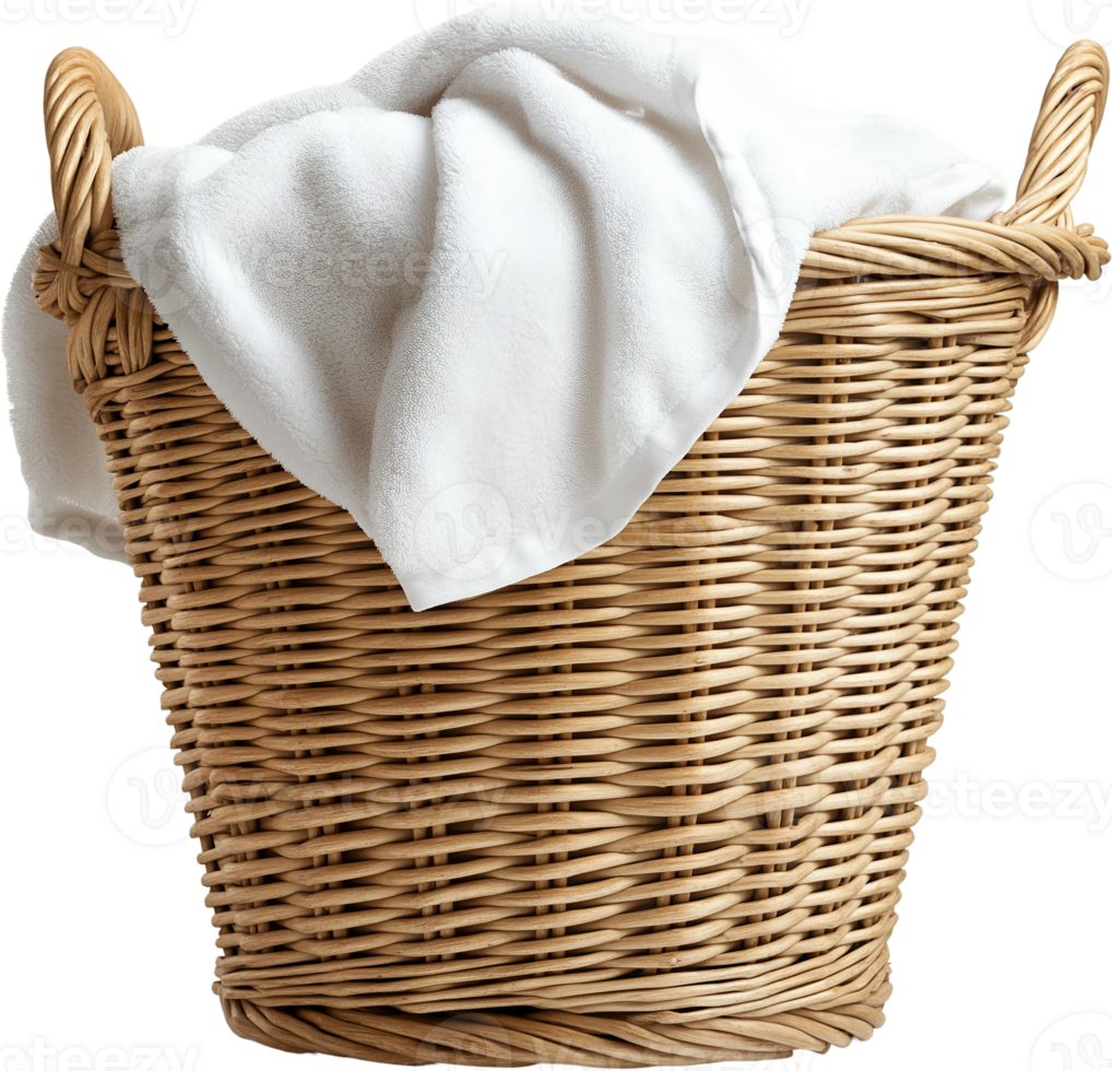 A wicker basket with a white towel inside png