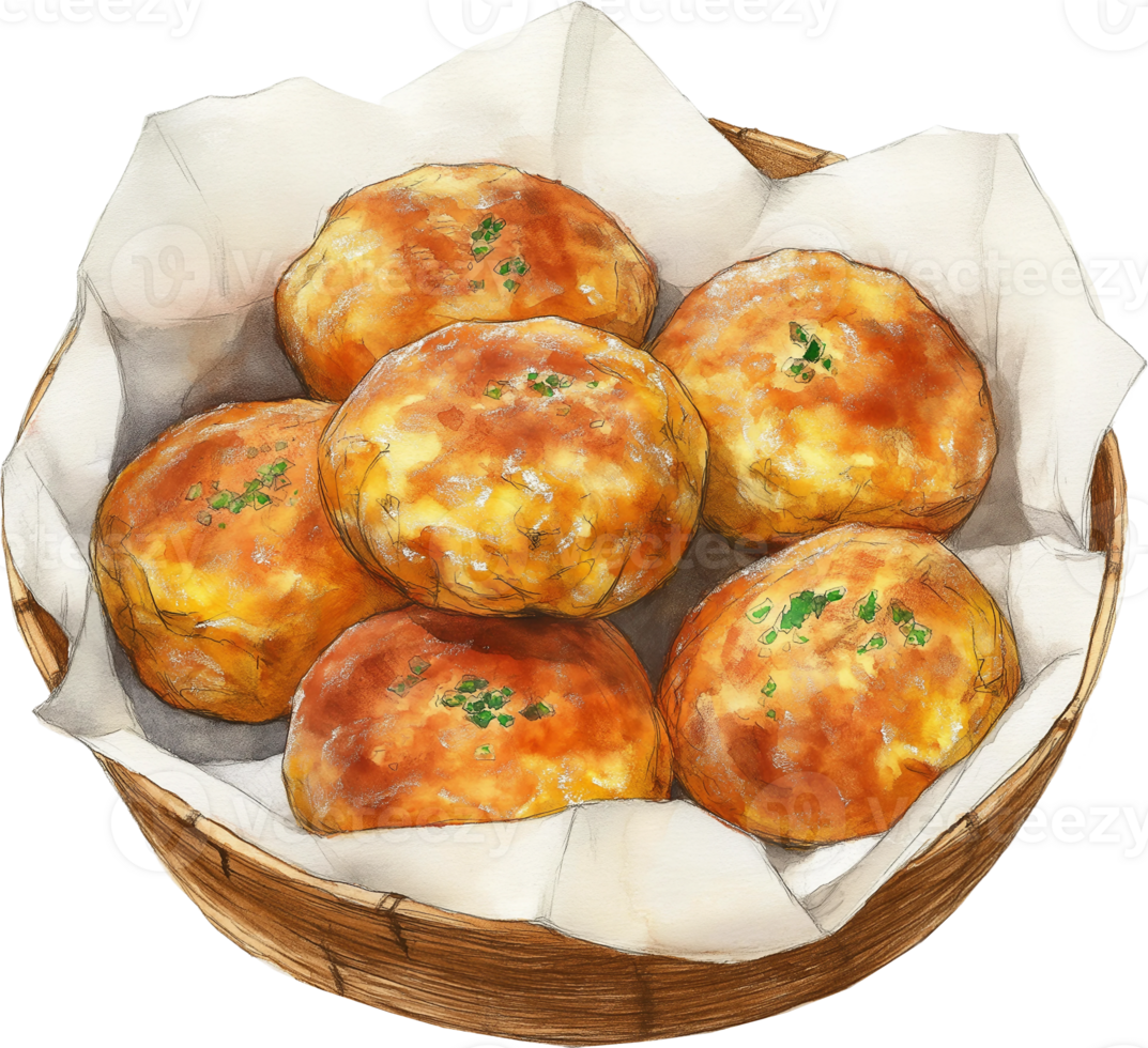A basket of bread with cheese and herbs png