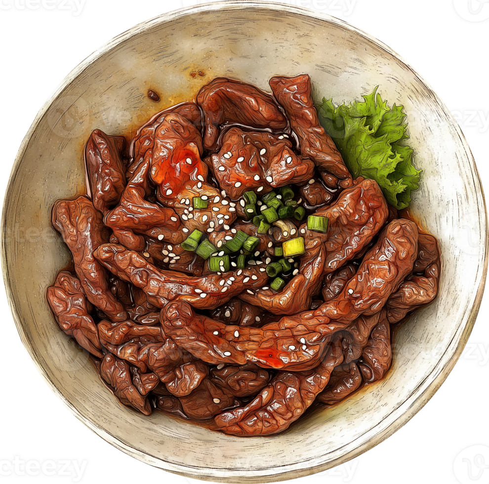 A bowl of beef with sesame seeds and green onions png