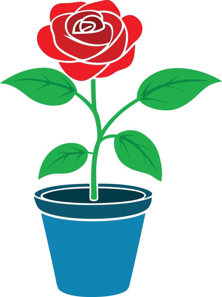 a pot illustration of rose tree with flower and leaf in vector