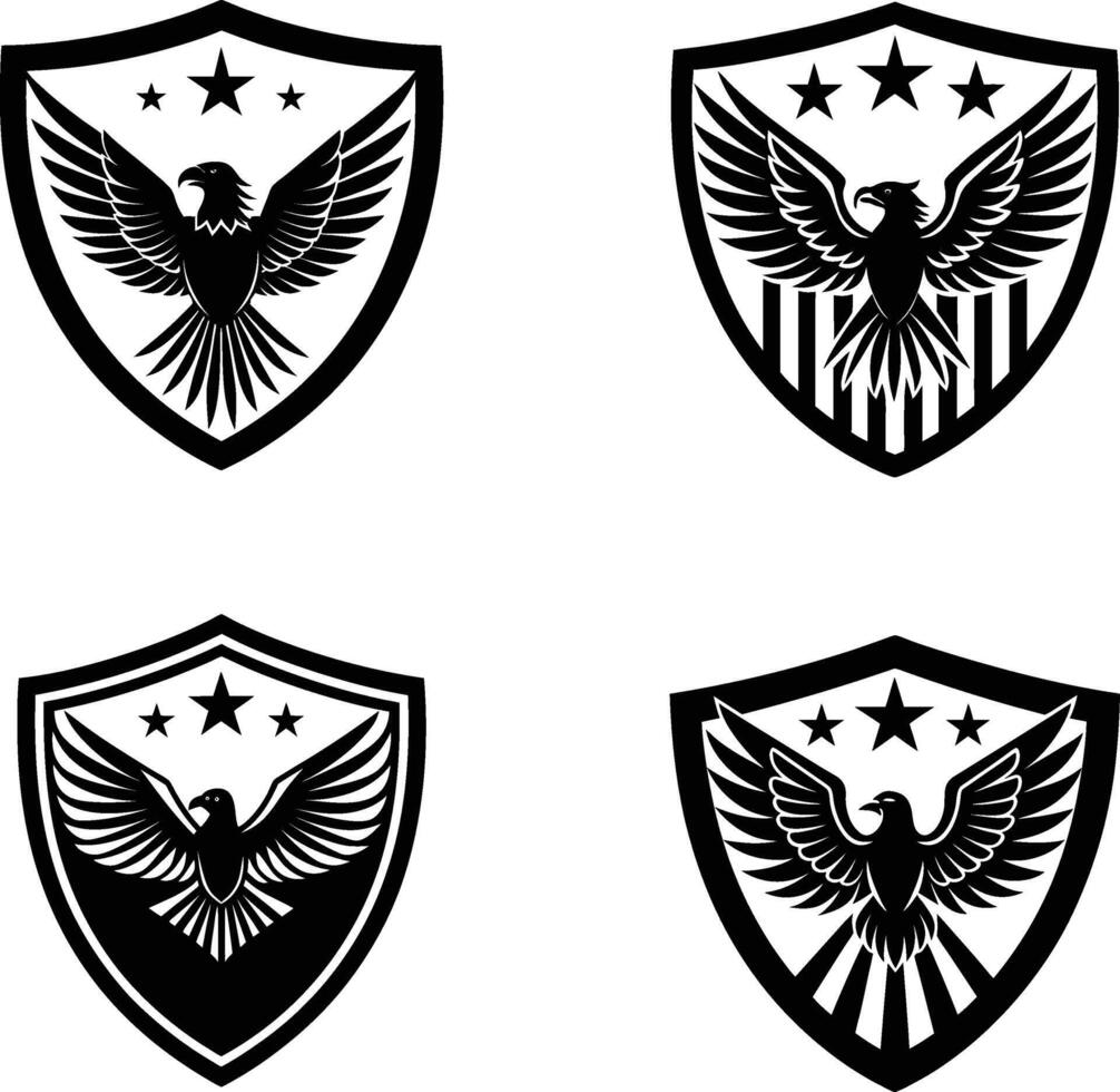 Patriotic shield with bald Eagle silhouette illustration set vector