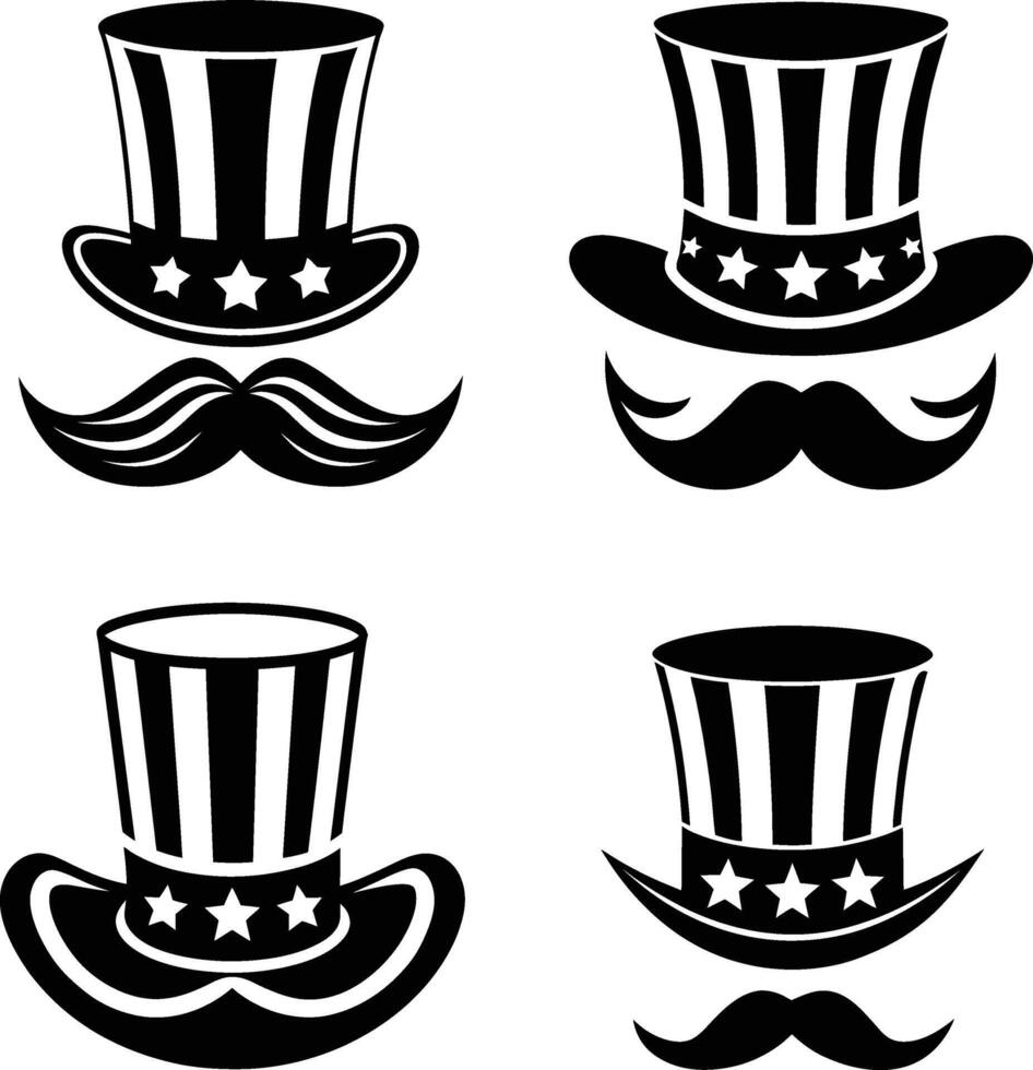 Uncle sam hat and mustache silhouette set illustration vector