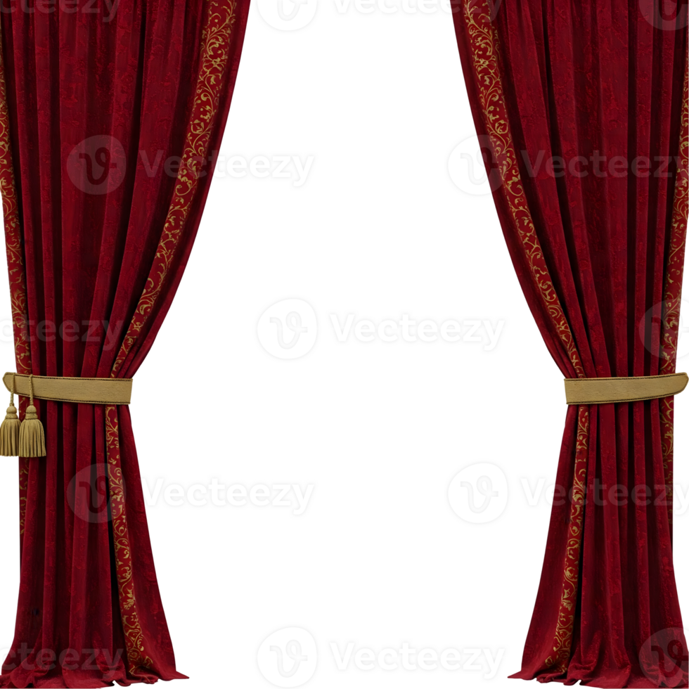 red curtains with gold trim on the sides revealing a transparent background png