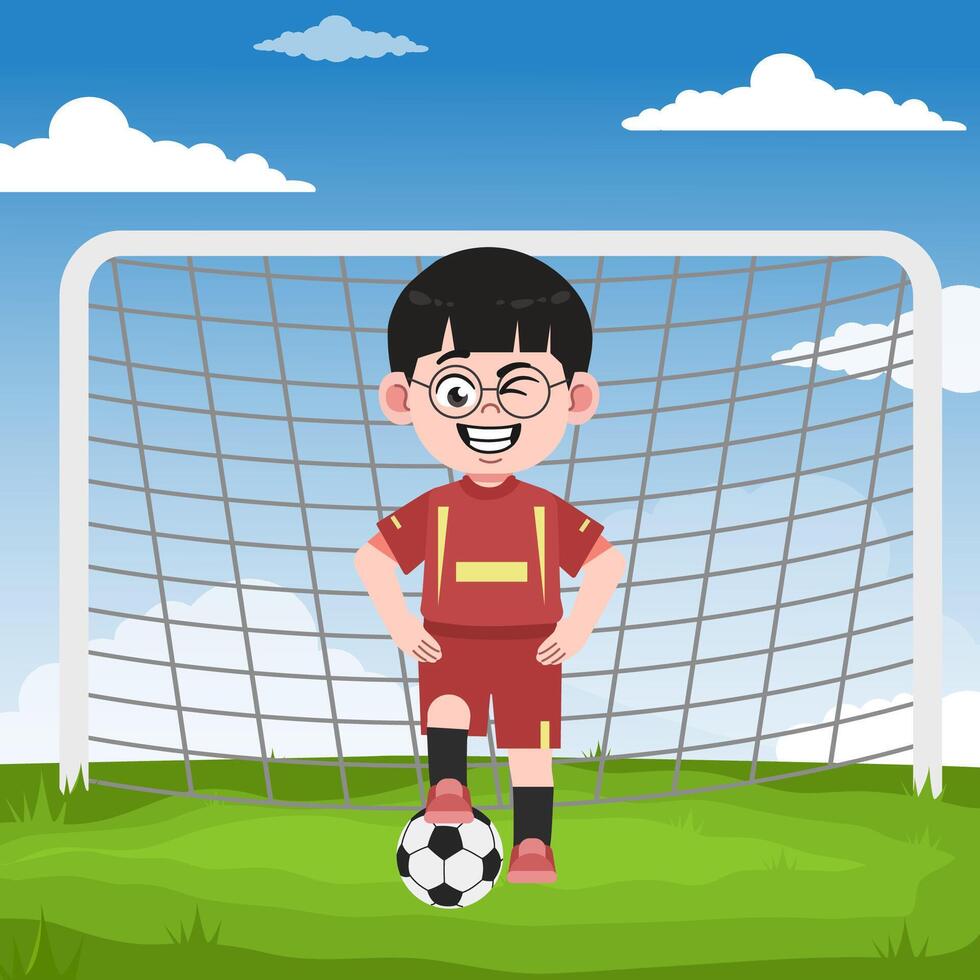 Cute Chinese Boy with Glasses cartoon Character Playing Football Smile Pose vector