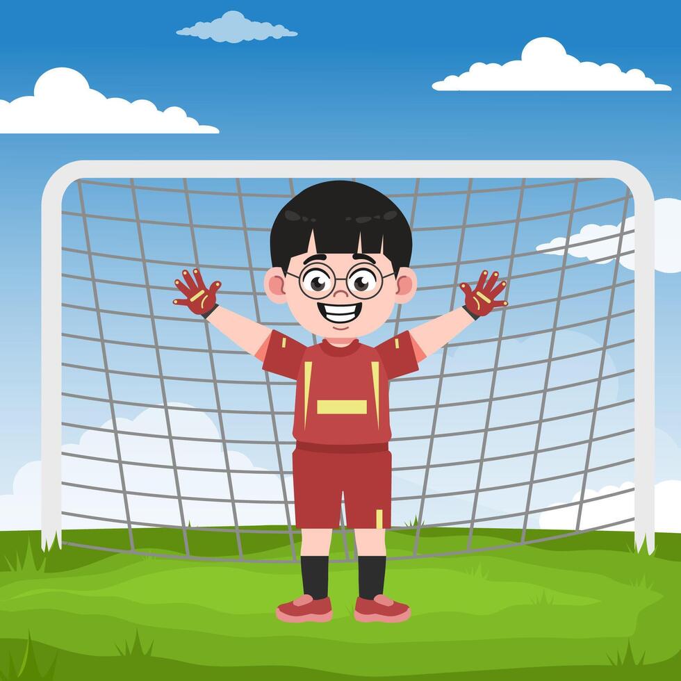 Cute Chinese Boy with Glasses cartoon Character Playing Football Goalkeeper Pose vector