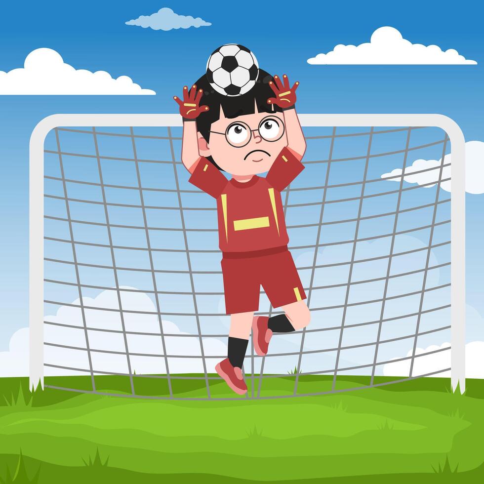 Cute Chinese Boy with Glasses cartoon Character Playing Football Goal Keeper Jump vector
