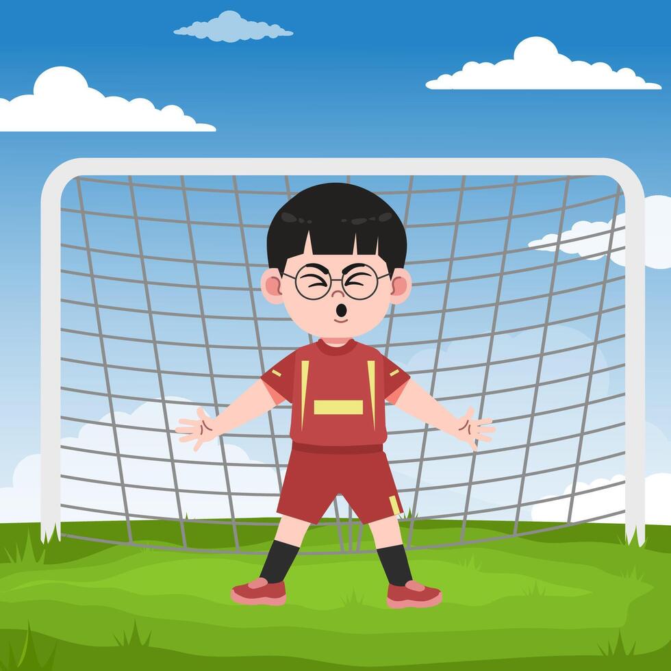 Cute Chinese Boy with Glasses cartoon Character Playing Football Goal Pose vector