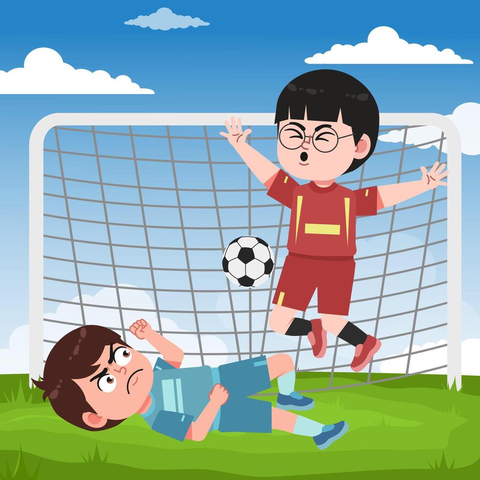 Cute Chinese Boy with Glasses cartoon Character Playing Football Tackling and Jumping vector