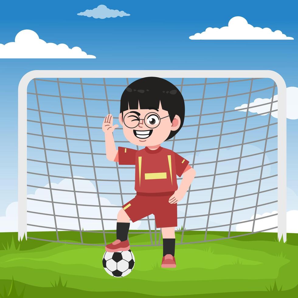 Cute Chinese Boy with Glasses cartoon Character Playing Football greet pose vector