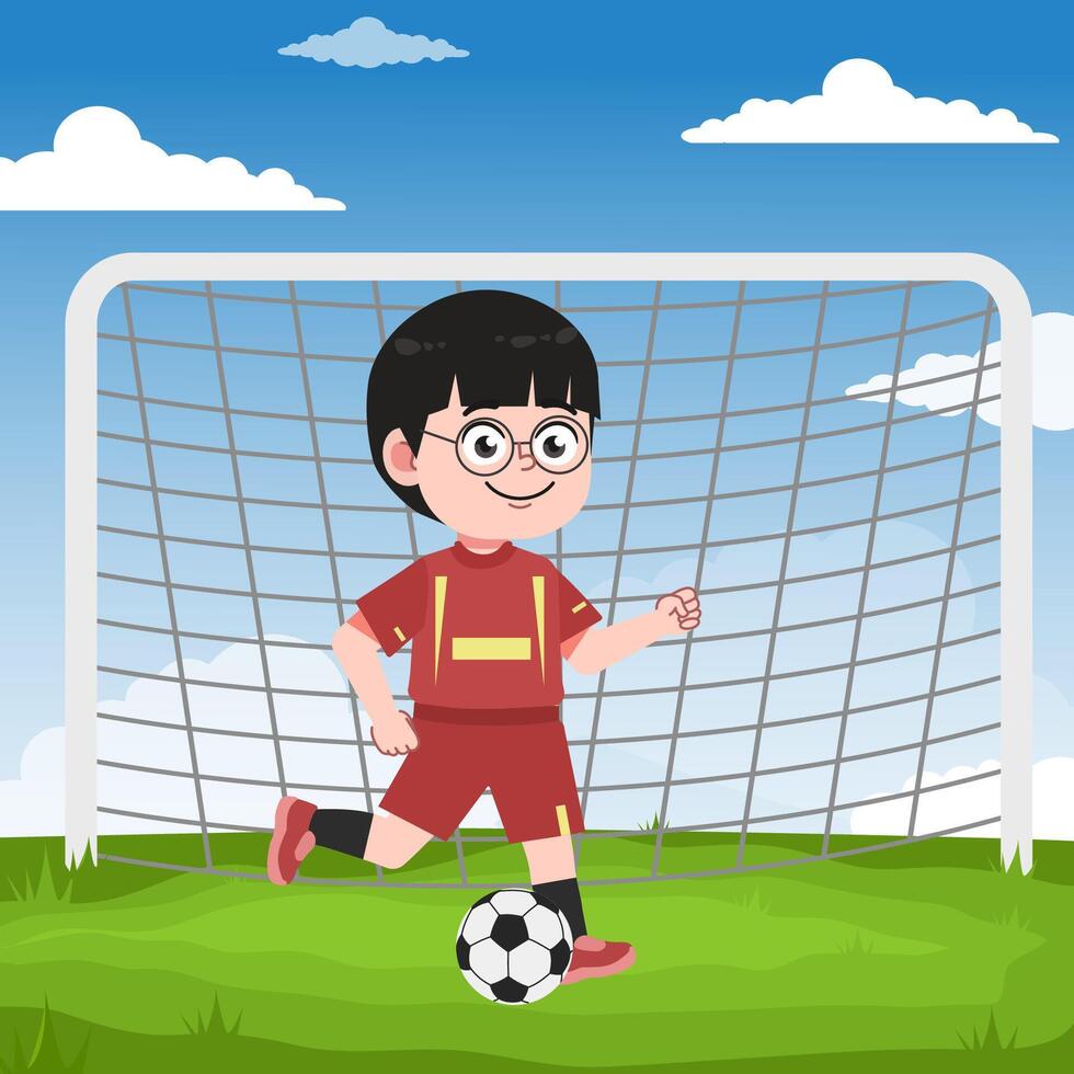 Cute Chinese Boy with Glasses cartoon Character Playing Football Running Ball vector