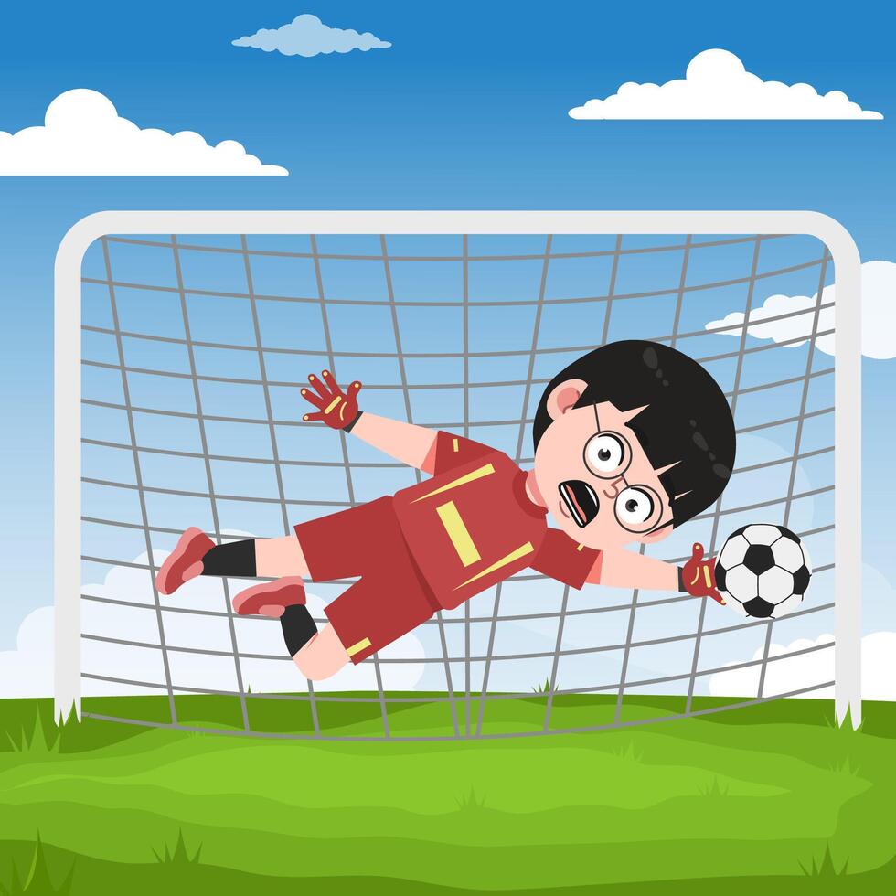 Cute Chinese Boy with Glasses cartoon Character Playing Football Jump Save Ball vector