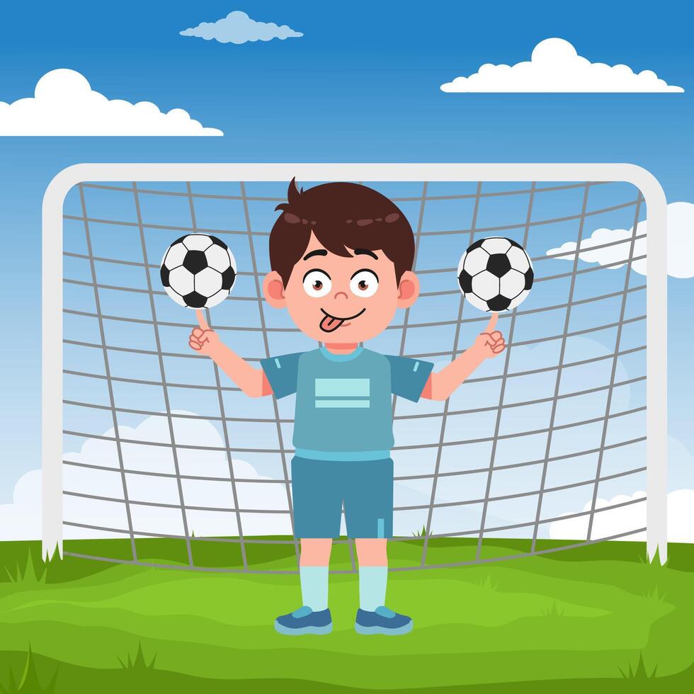 Cute Boy Cartoon Character Playing Football absurd spin two ball vector