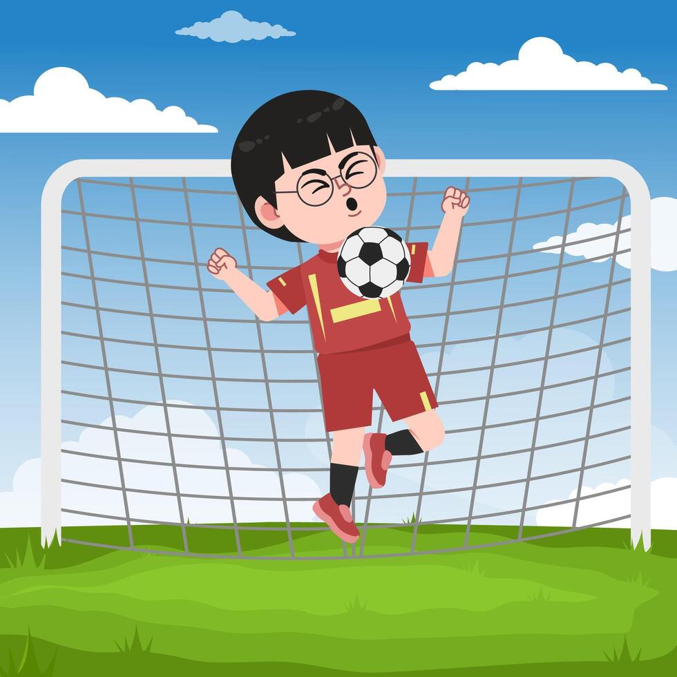 Cute Chinese Boy with Glasses cartoon Character Playing Football Receive with Chest vector