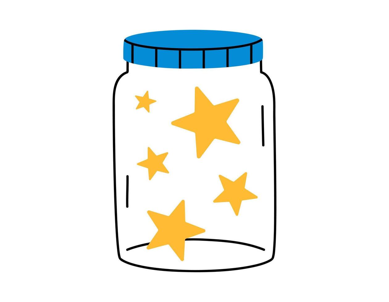 Hand drawn cute cartoon illustration of outline jar with rating stars. Flat customer positive feedback doodle. Online review sticker. Client satisfaction icon. Make a wish. Isolated. vector