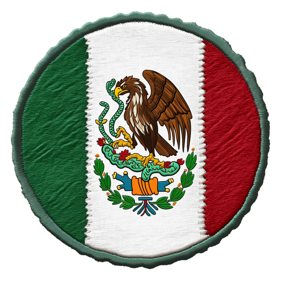 A highly detailed digitized embroidery patch illustration of the Mexico flag in a round shape. png