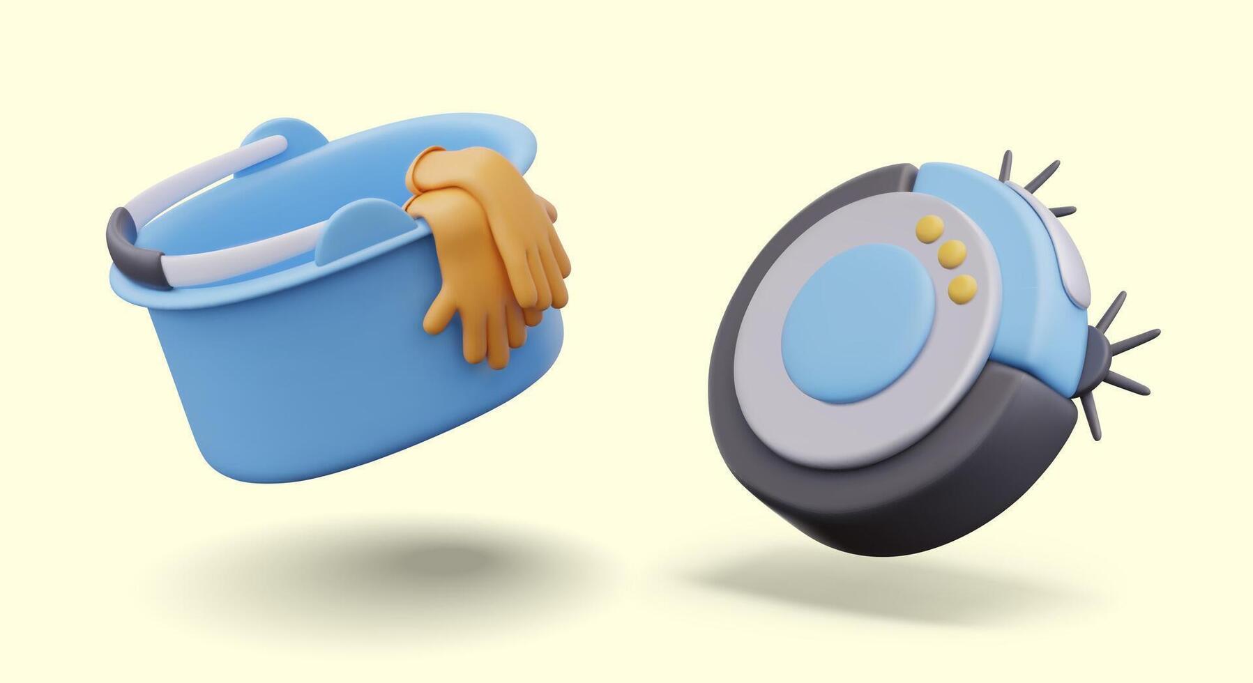 Plastic bucket with rubber gloves, robot vacuum cleaner. templates vector