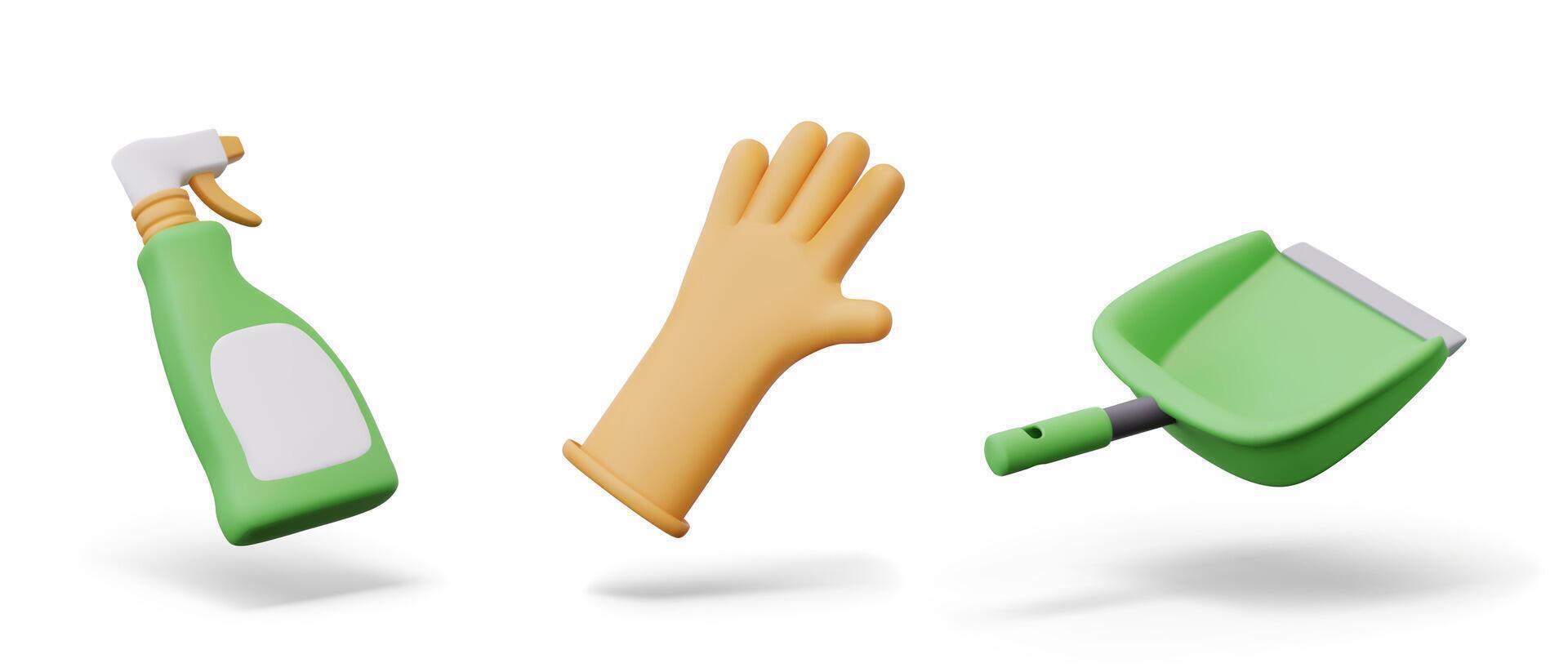 Plastic spray bottle with blank label, rubber glove, scoop. Isolated models vector