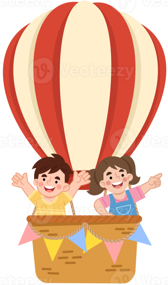 Illustration of a happy boy and girl in a hot air balloon png