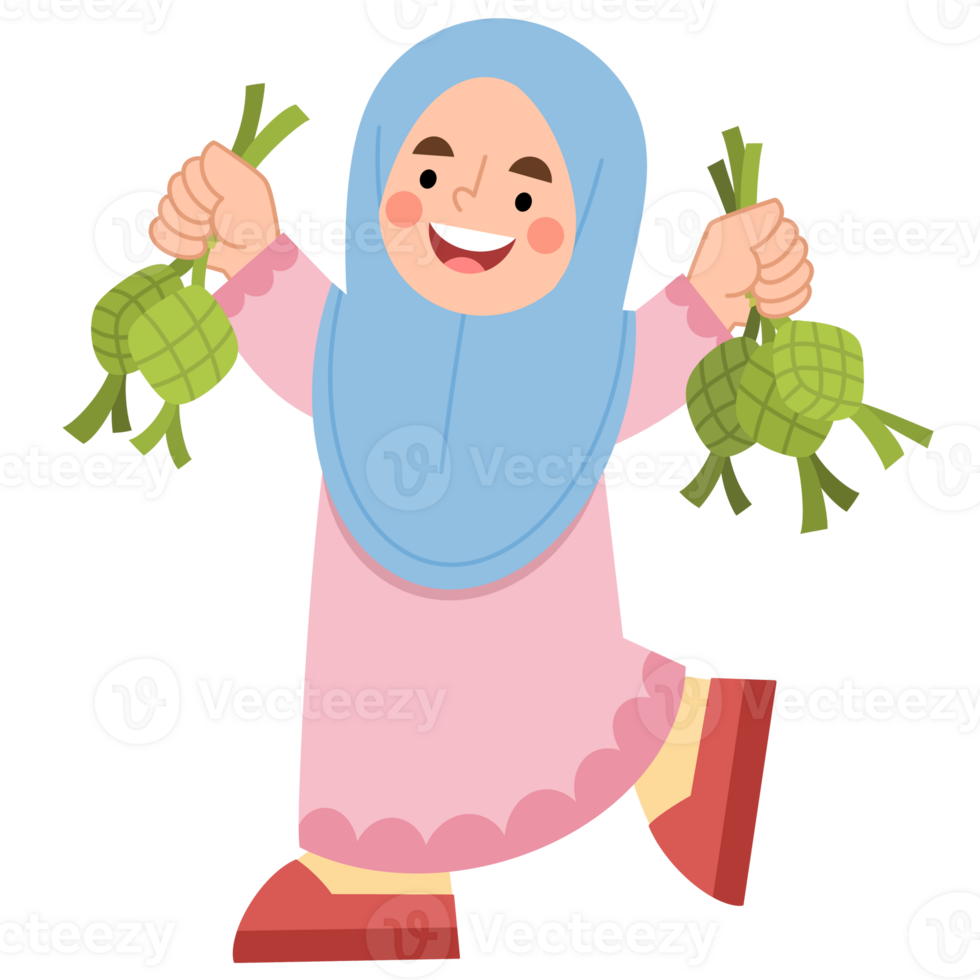 Illustration of a hijab girl holding Indonesian food ketupat png