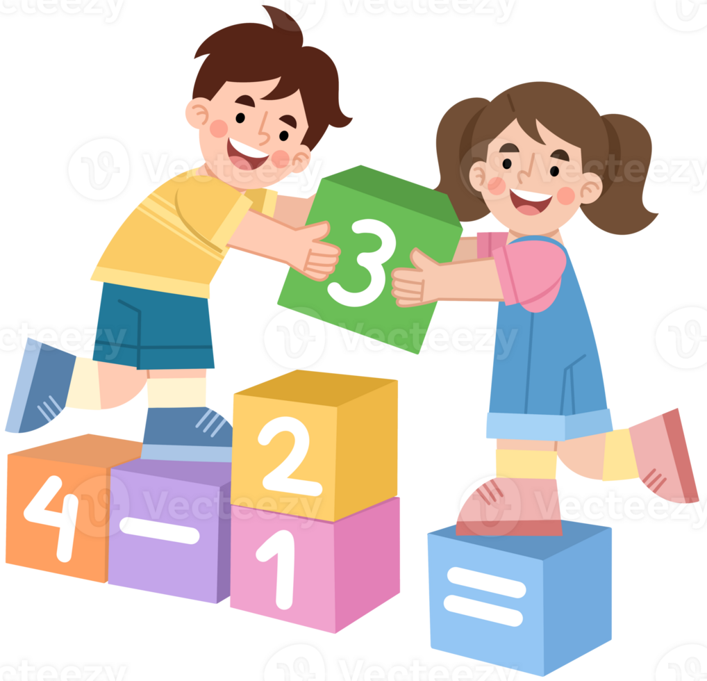 Illustration of boy and girl playing with number blocks png