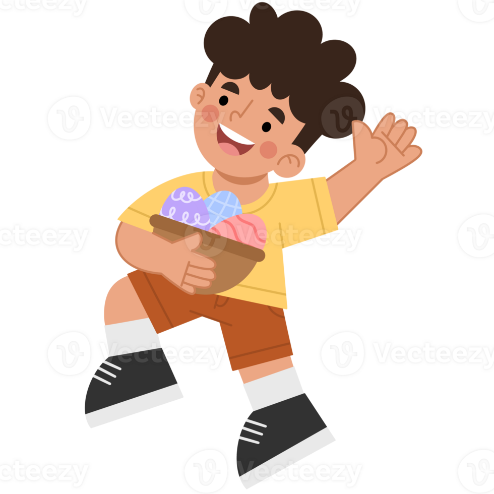 Illustration of happy boy holding easter eggs png