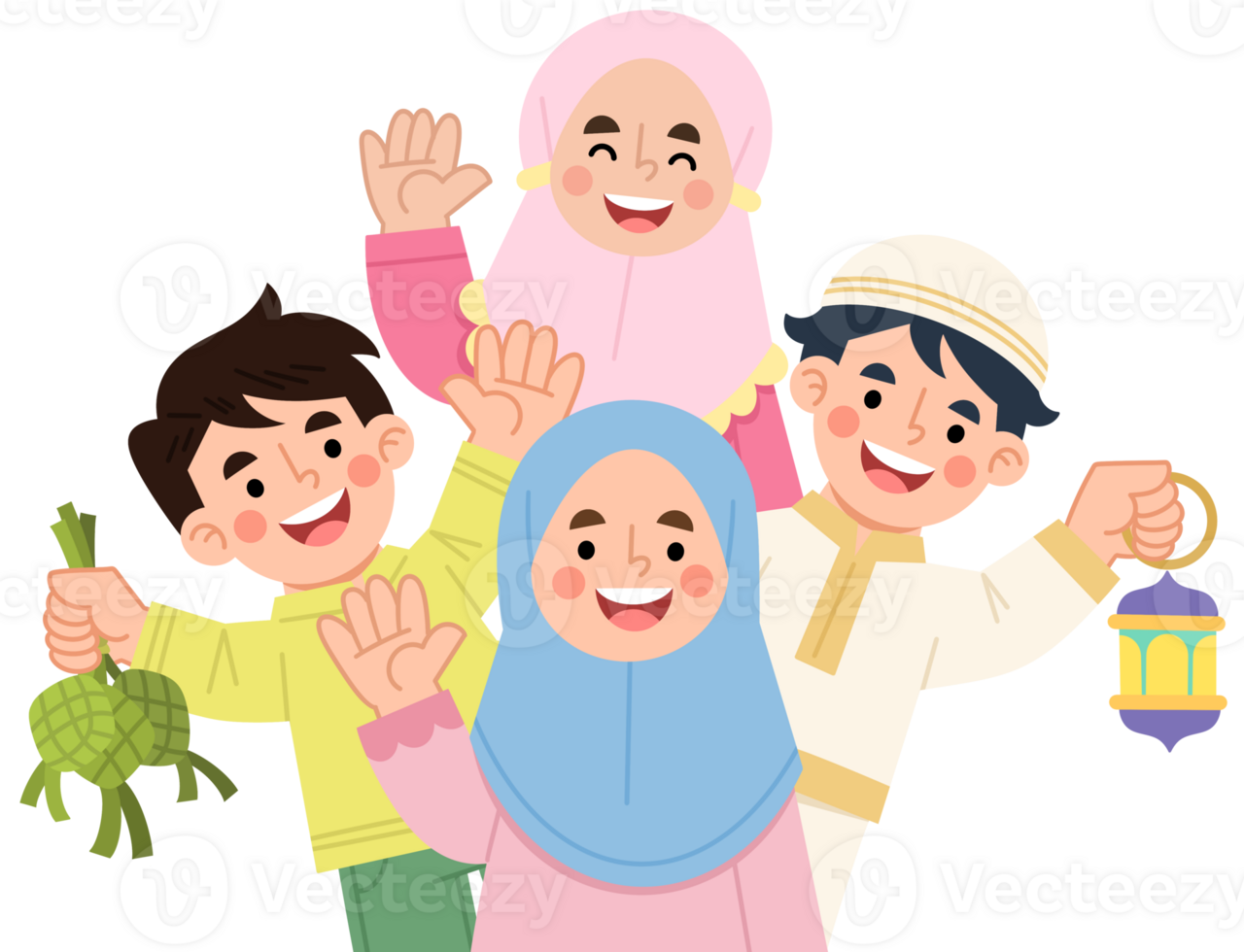 Illustration of cheerful Muslim children celebrating Eid png
