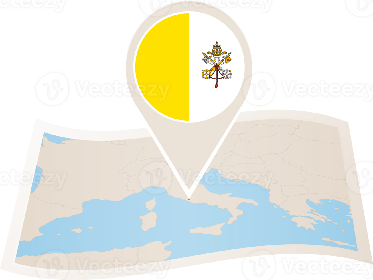 Folded map of Vatican City with flag pin of Vatican City. png