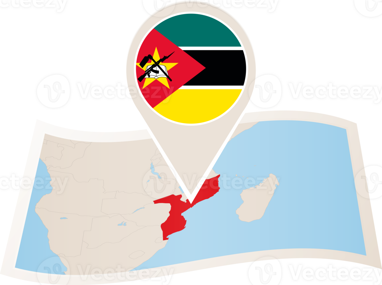 Folded map of Mozambique with flag pin of Mozambique. png