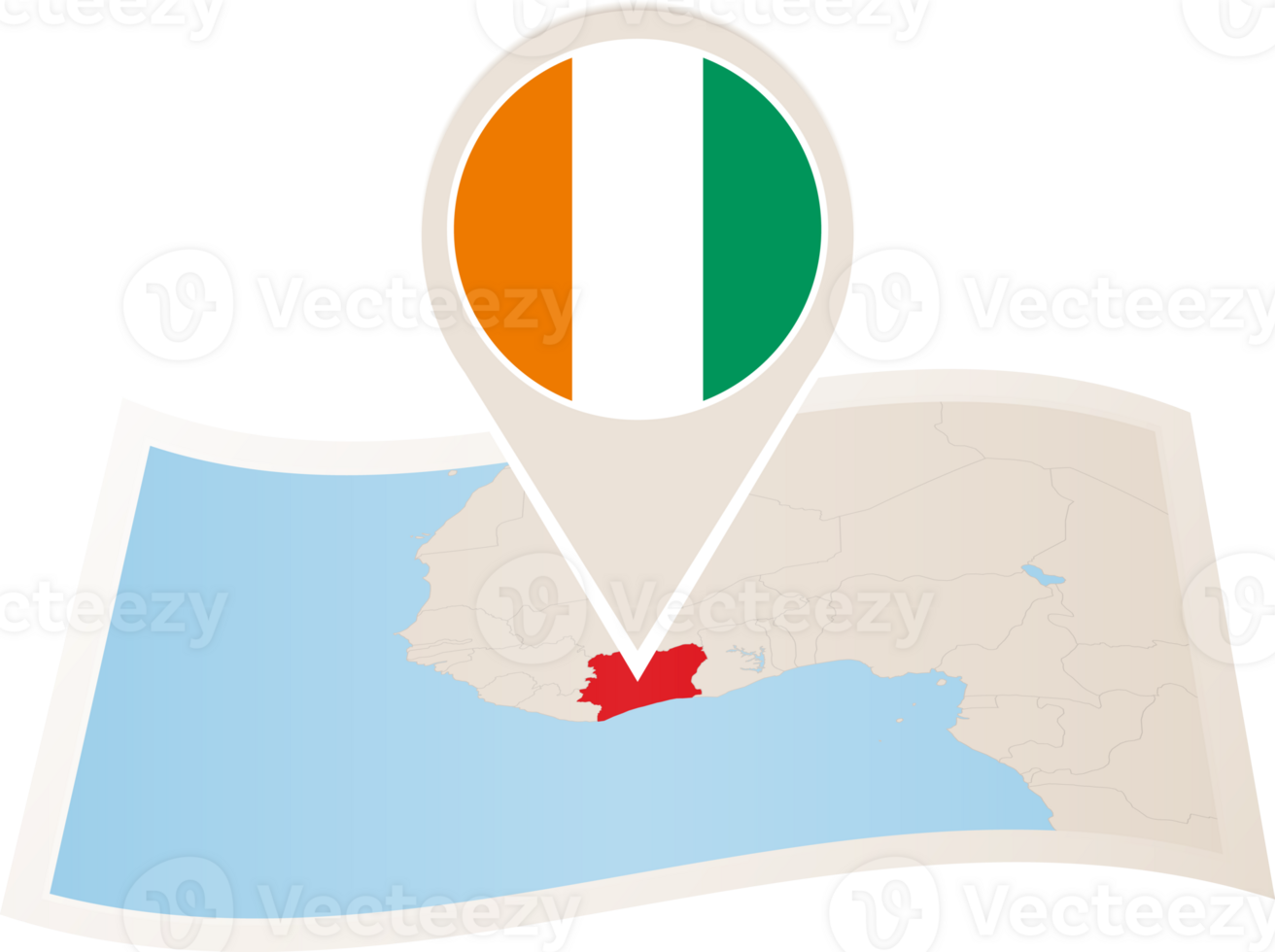 Folded map of Ivory Coast with flag pin of Ivory Coast. png
