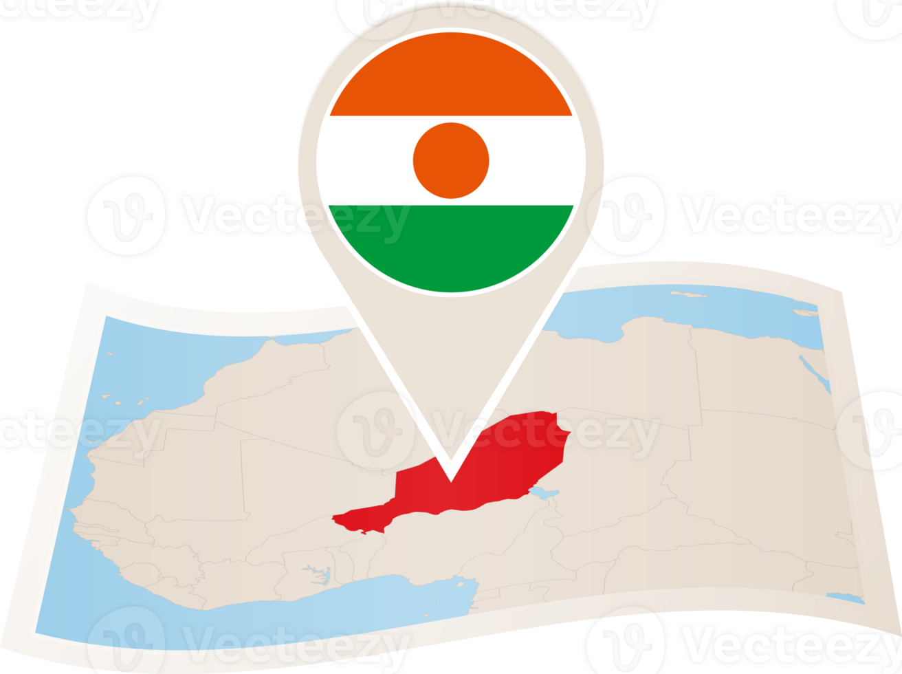 Folded map of Niger with flag pin of Niger. png