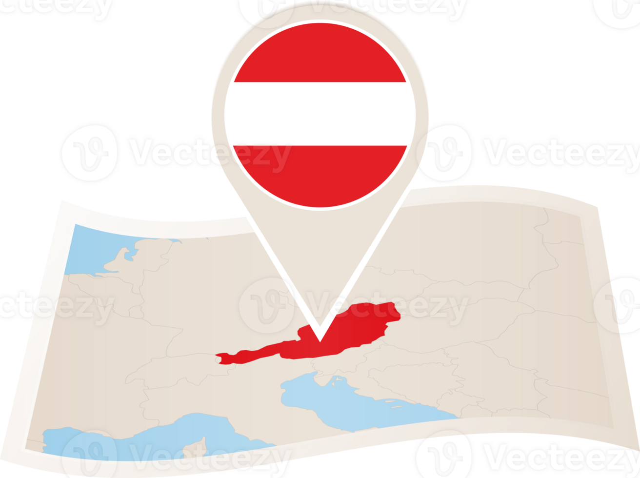 Folded map of Austria with flag pin of Austria. png