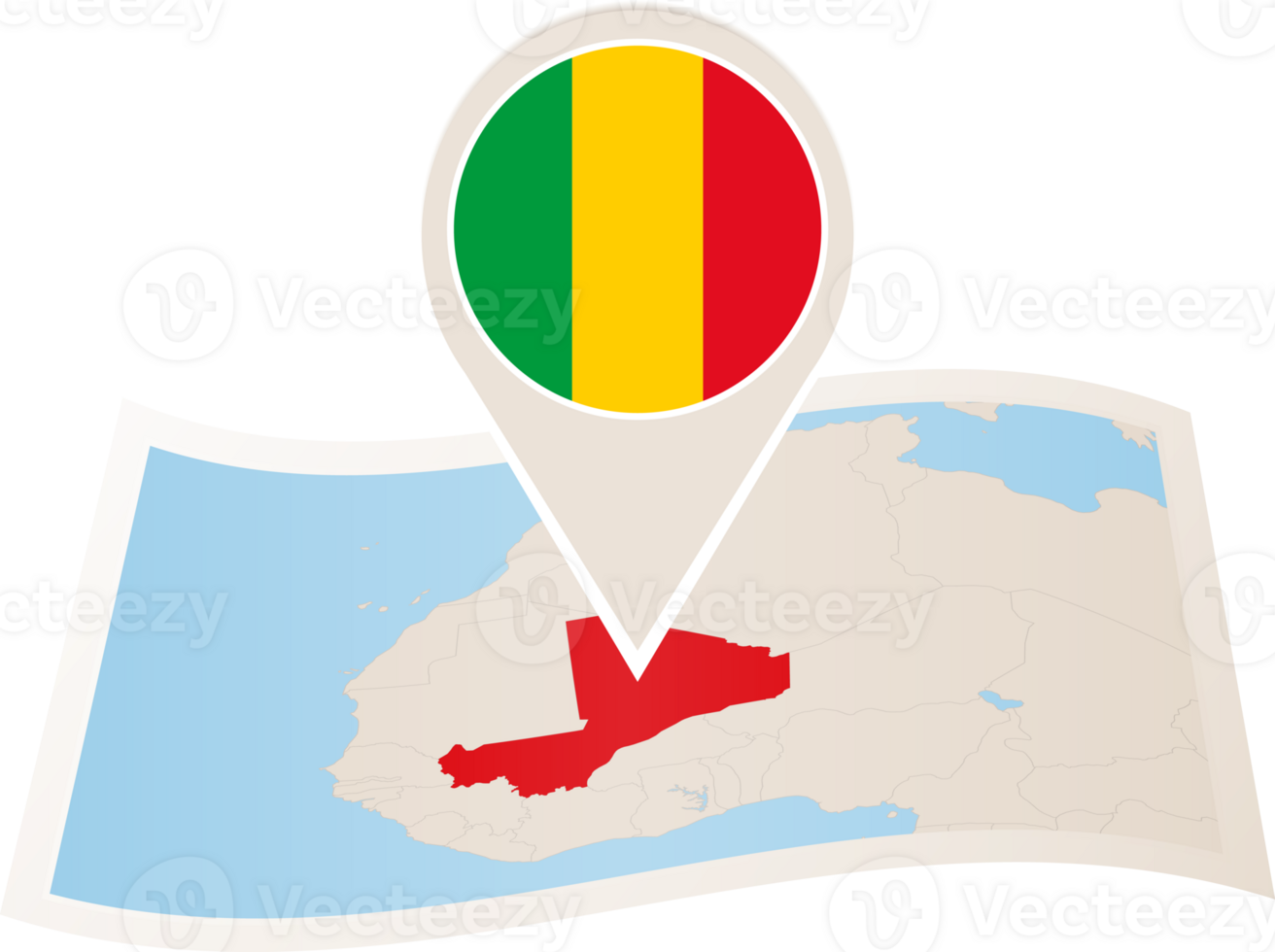 Folded map of Mali with flag pin of Mali. png