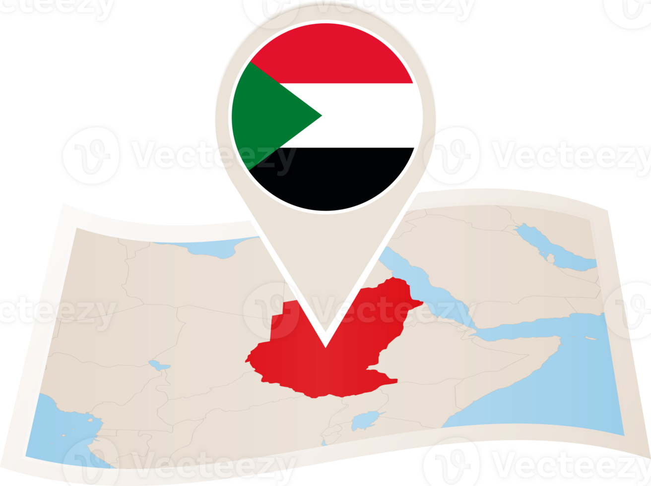 Folded map of Sudan with flag pin of Sudan. png