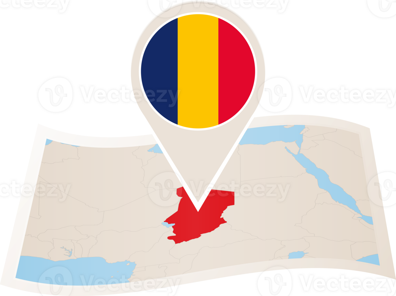 Folded map of Chad with flag pin of Chad. png