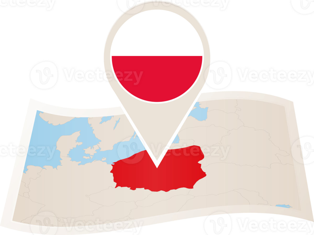 Folded map of Poland with flag pin of Poland. png