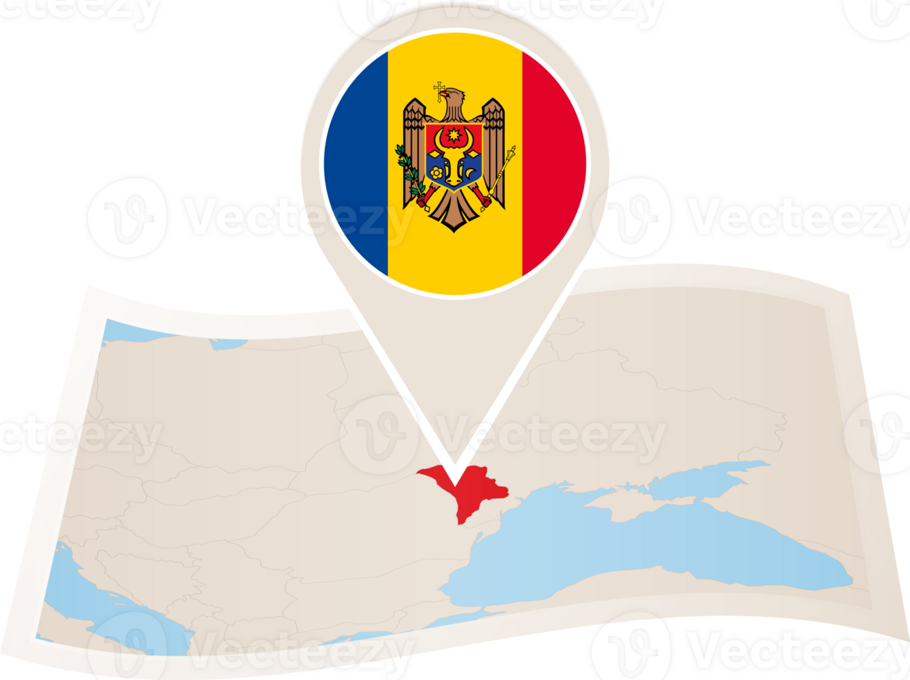 Folded map of Moldova with flag pin of Moldova. png