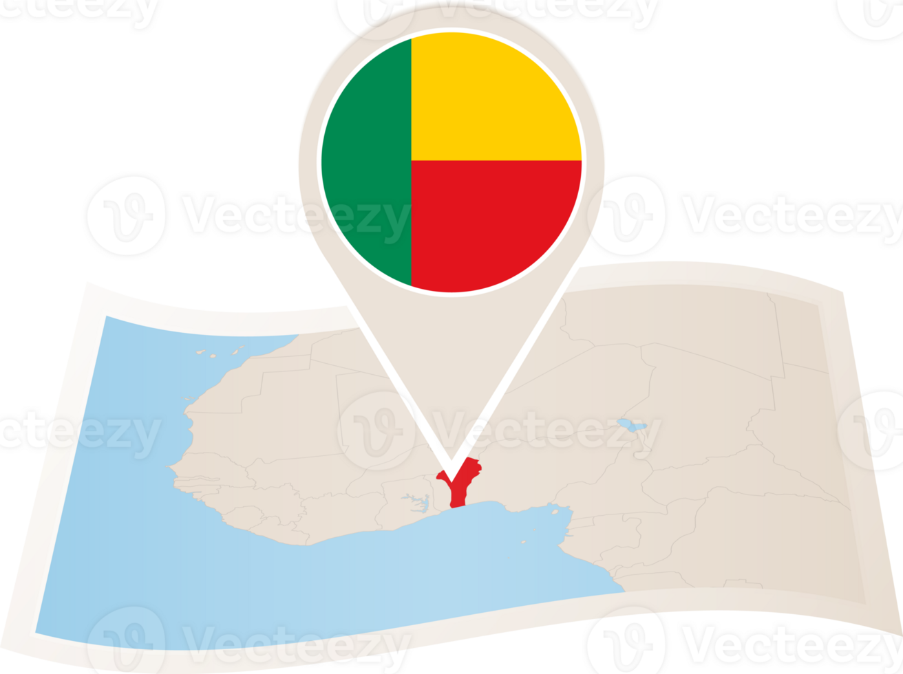 Folded map of Benin with flag pin of Benin. png