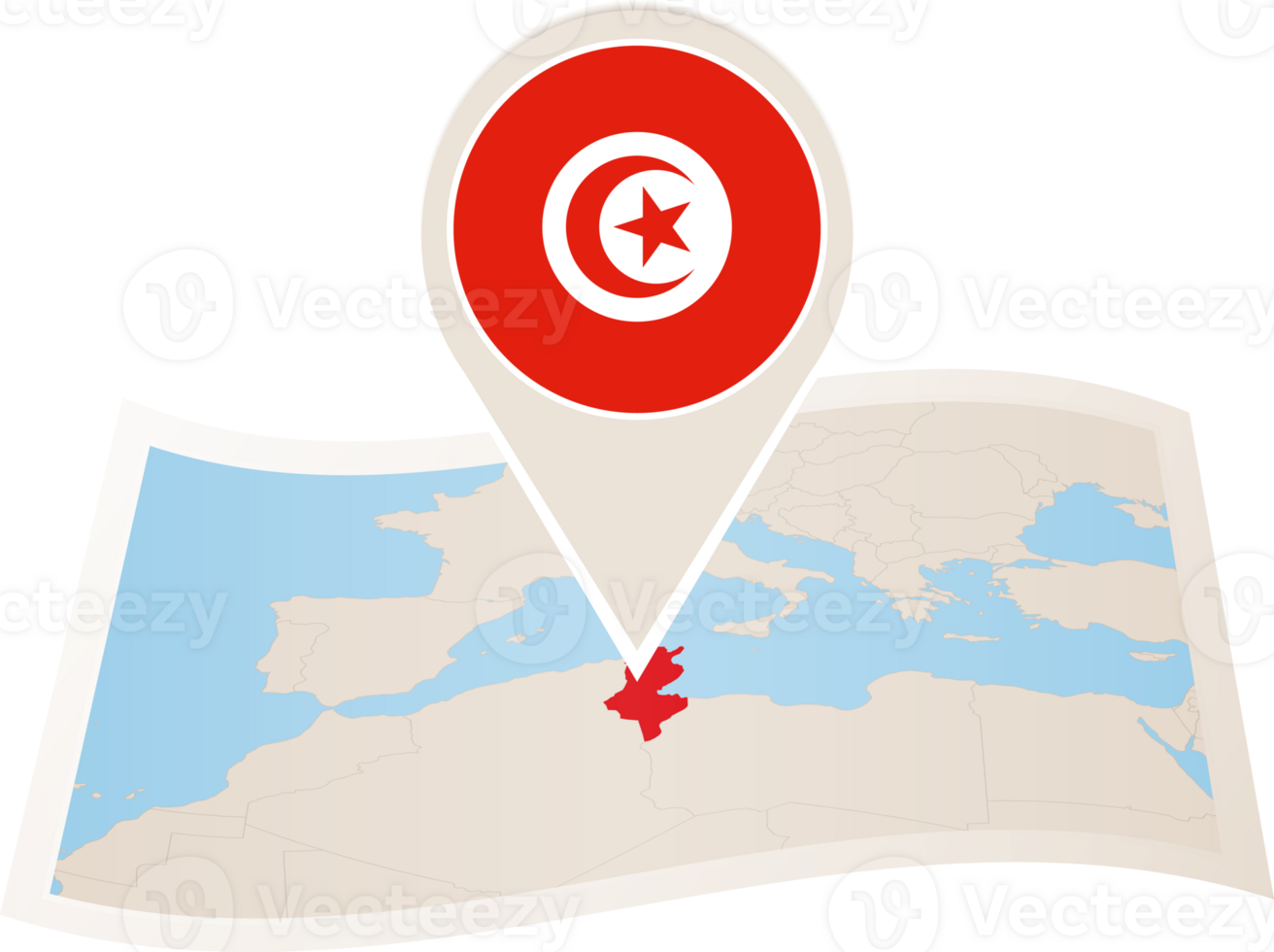 Folded map of Tunisia with flag pin of Tunisia. png
