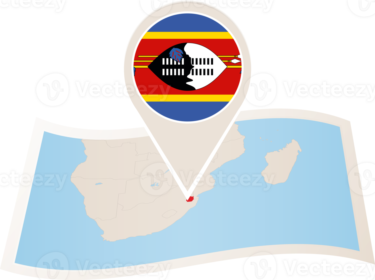 Folded map of Swaziland with flag pin of Swaziland. png