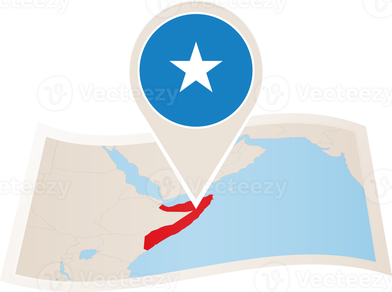 Folded map of Somalia with flag pin of Somalia. png