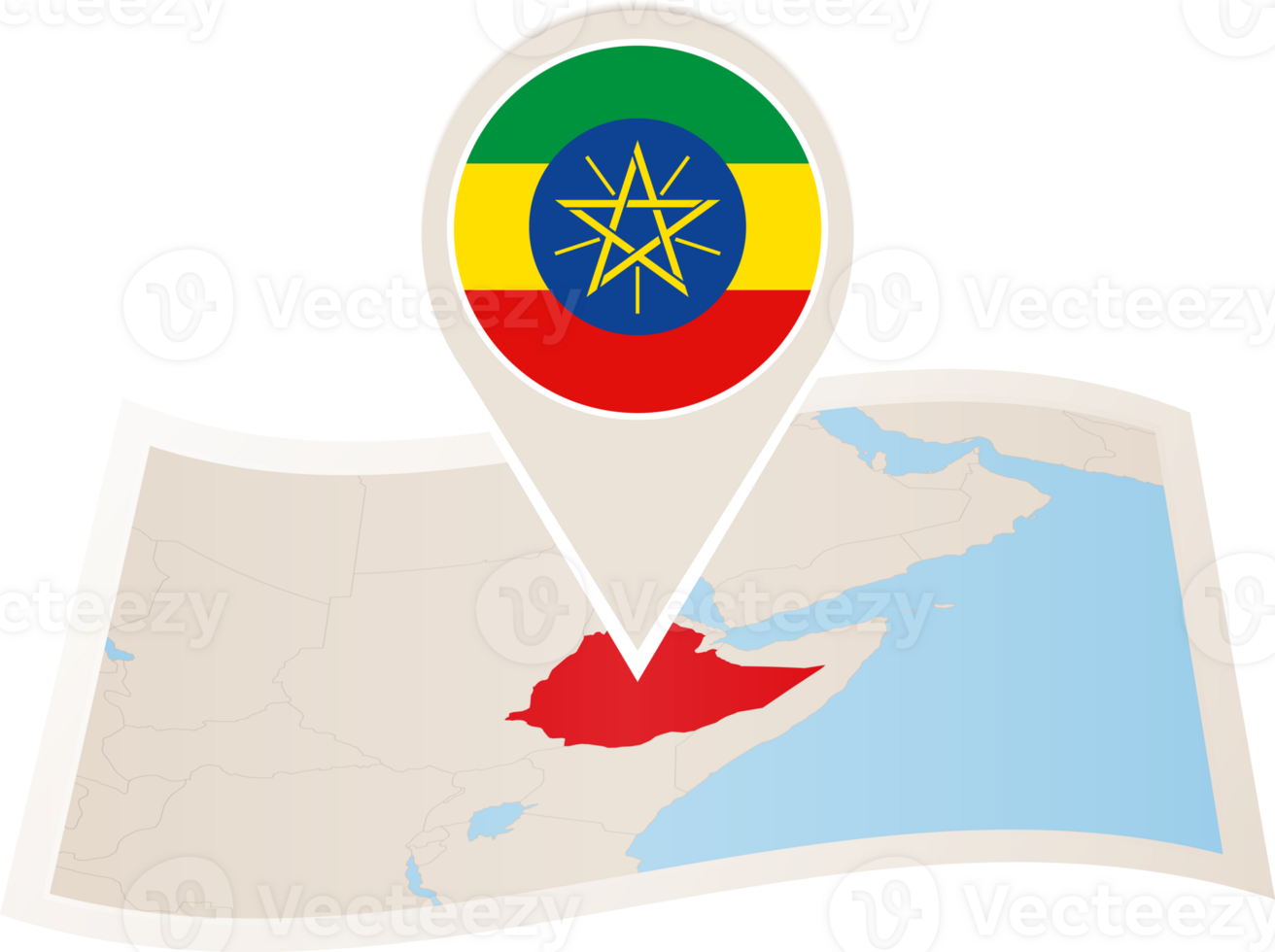 Folded map of Ethiopia with flag pin of Ethiopia. png