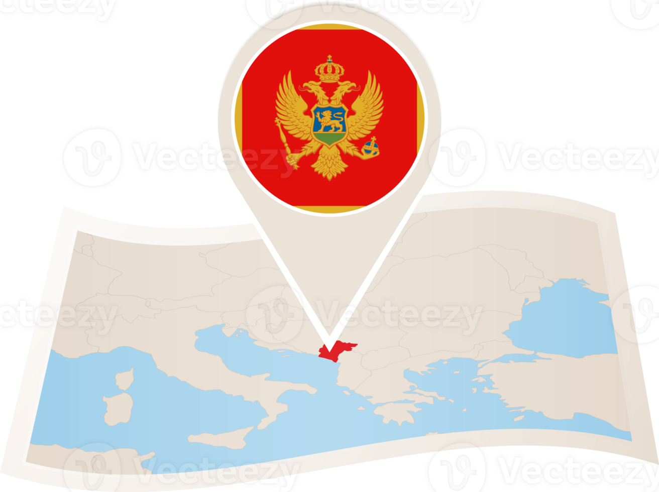 Folded map of Montenegro with flag pin of Montenegro. png