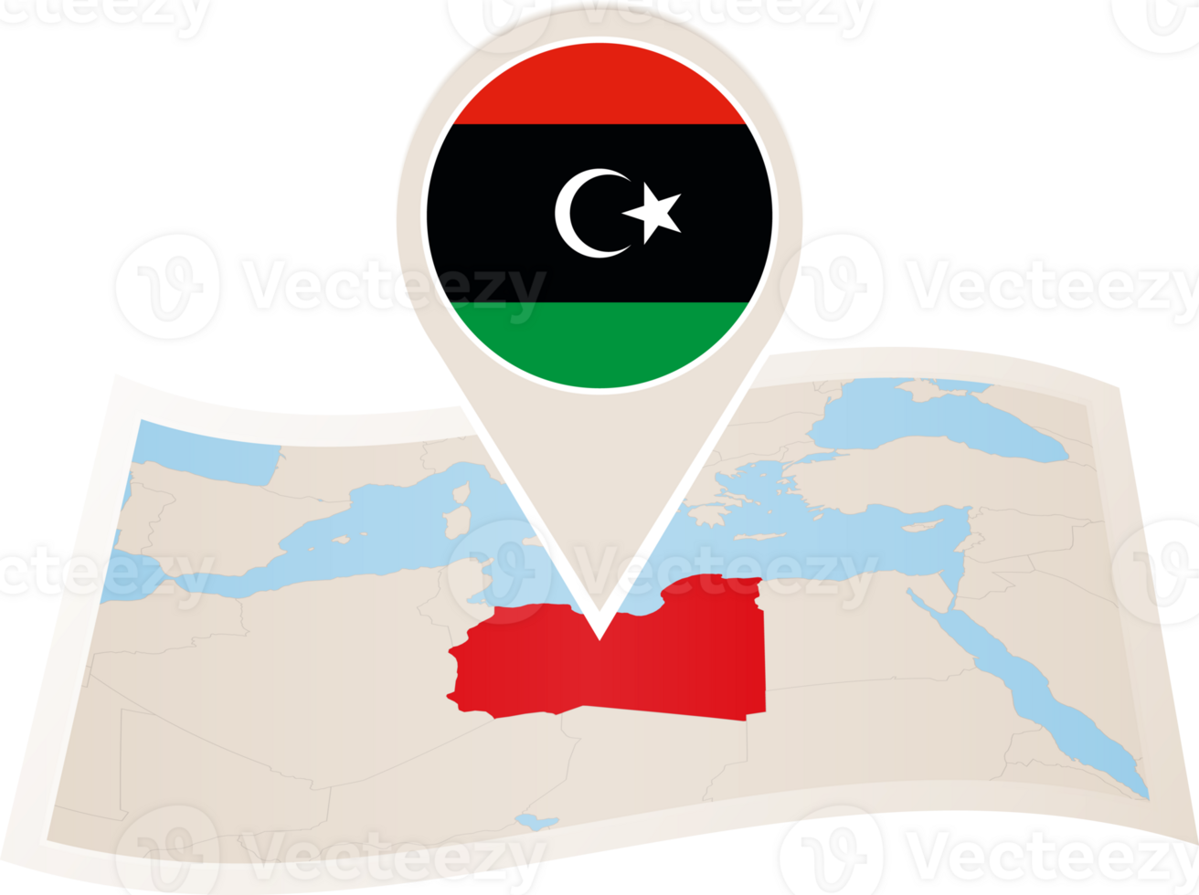 Folded map of Libya with flag pin of Libya. png