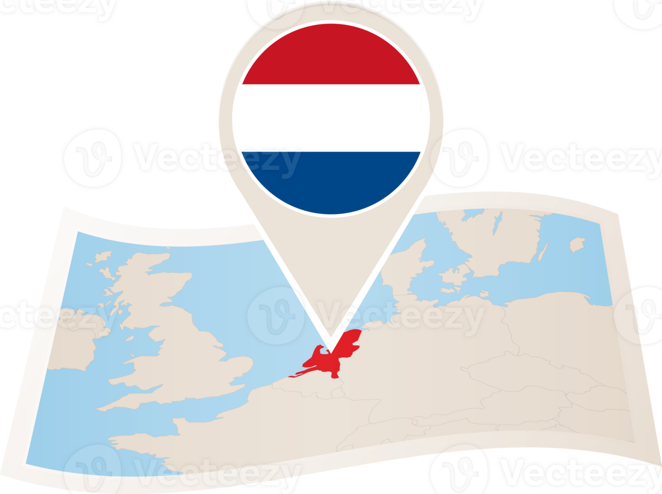 Folded map of Netherlands with flag pin of Netherlands. png