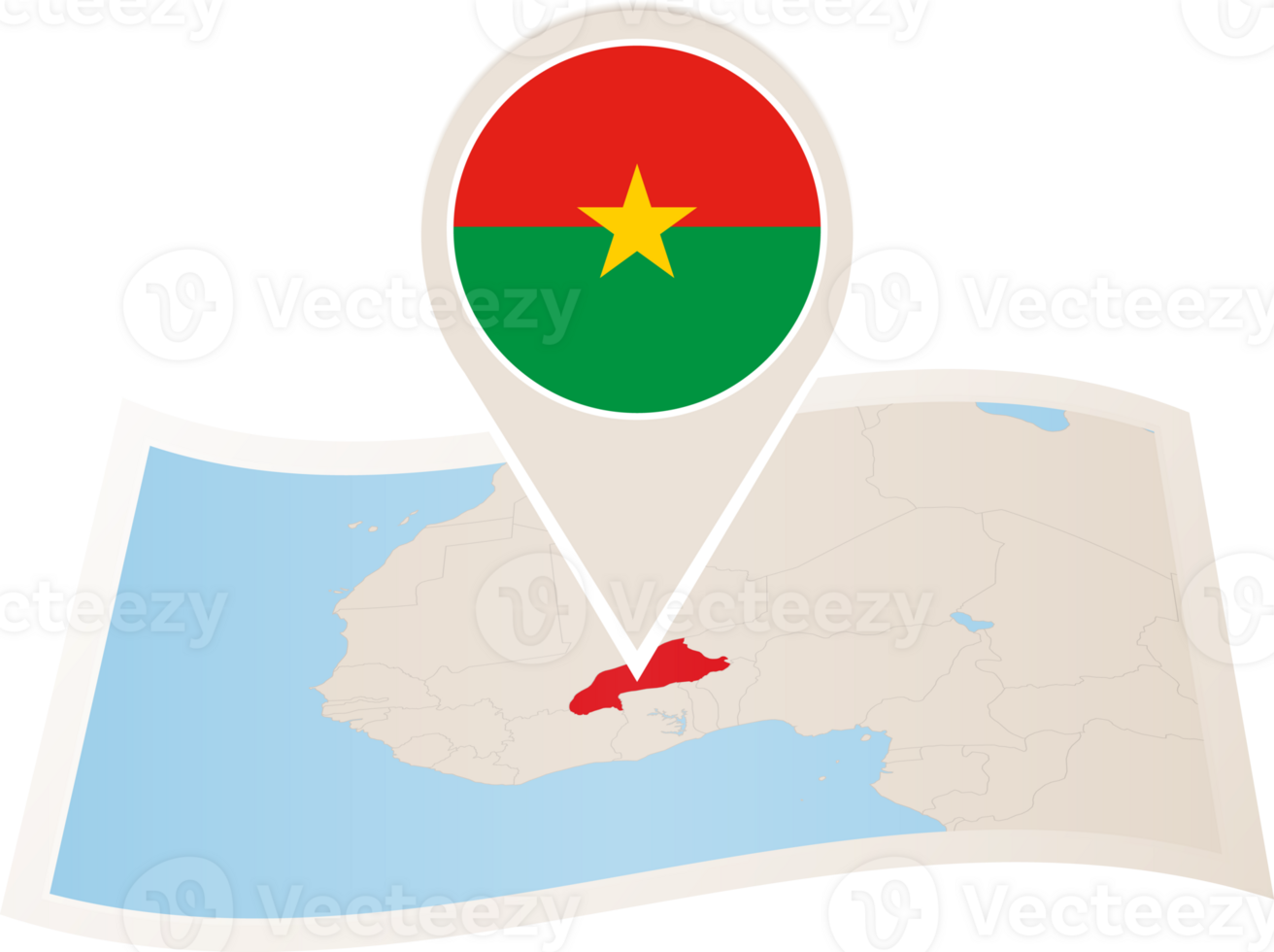 Folded map of Burkina Faso with flag pin of Burkina Faso. png