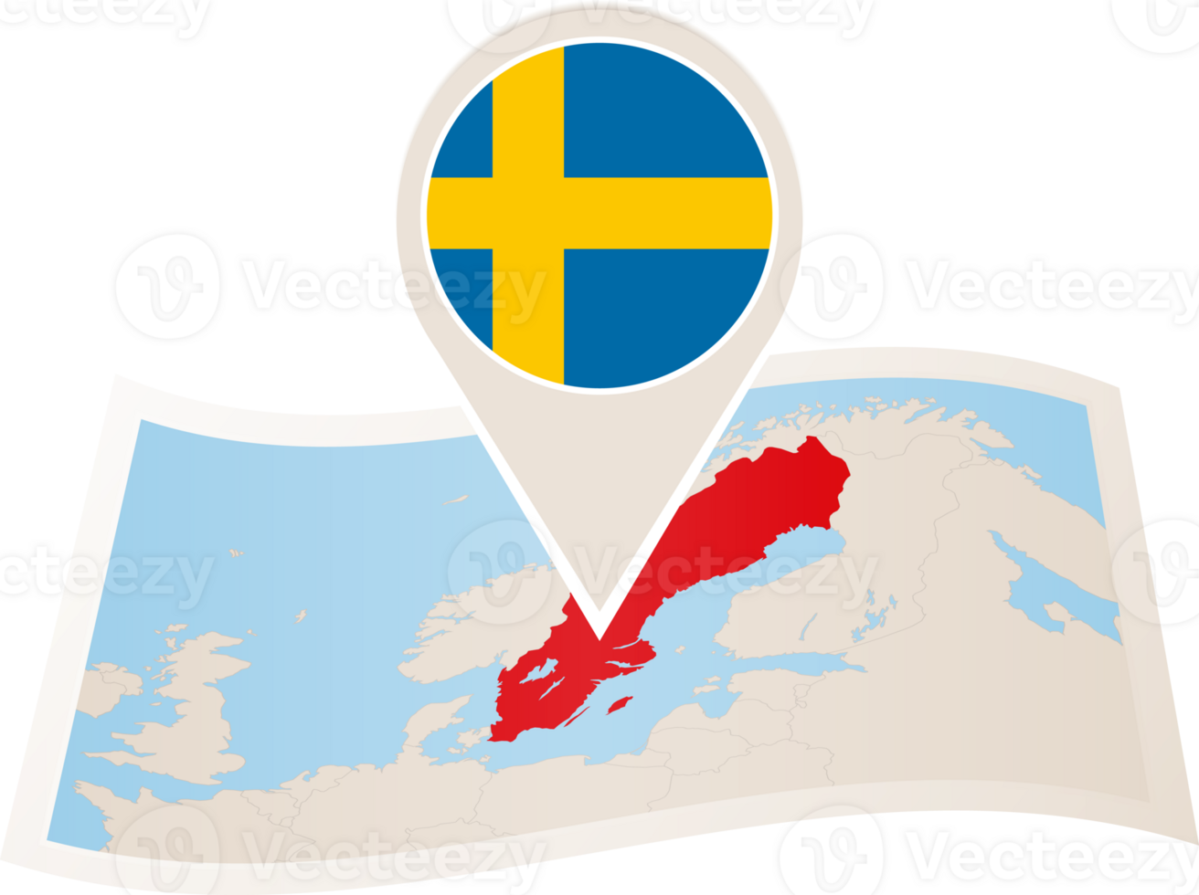 Folded map of Sweden with flag pin of Sweden. png