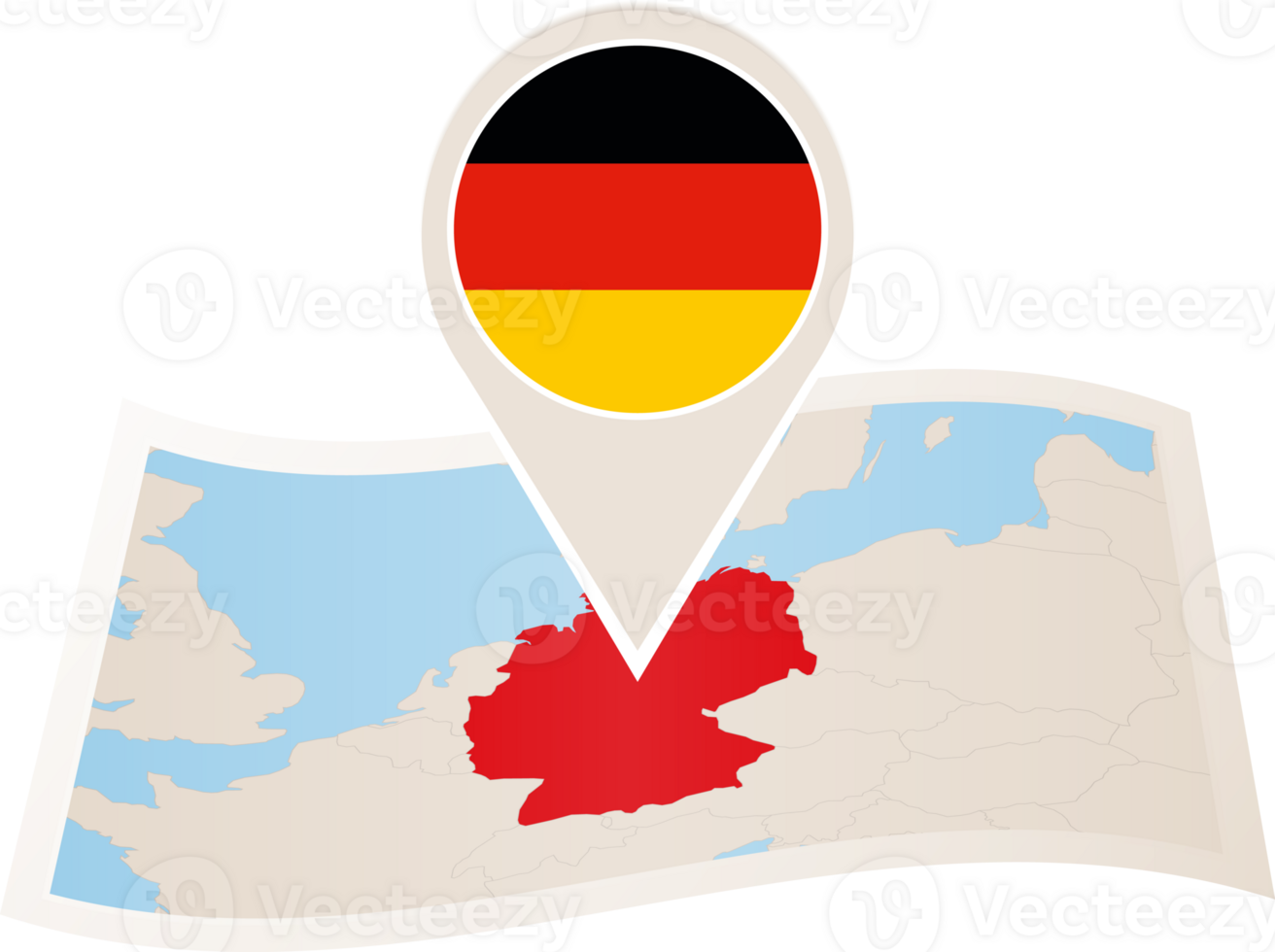 Folded map of Germany with flag pin of Germany. png