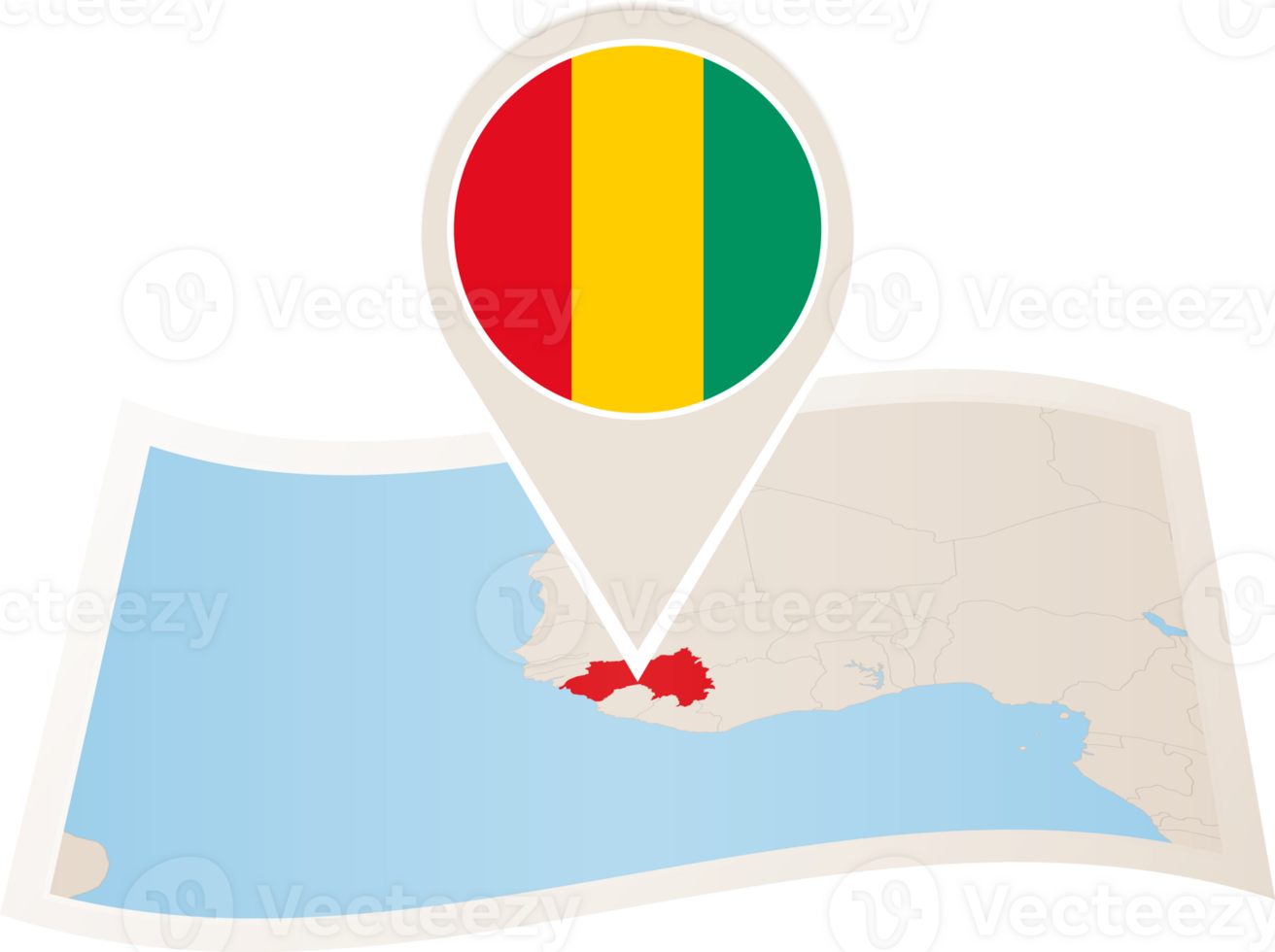 Folded map of Guinea with flag pin of Guinea. png